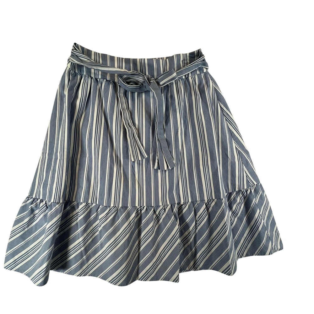 J. by J. Crew A-Line Skirt Womens 4 Blue White Striped Ruffle Hem Tie Waist
